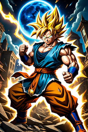 ((Masterpiece in 4K resolution, style inspired by Hearthstone card design and the Dragon Ball universe, featuring Goku transformed into a Super Saiyan with a background of a destroyed city at night)). | Trading card depicting Goku in his Super Saiyan form, with bristling golden hair and intense eyes, as he prepares to launch a powerful attack. Rays of energy and a glowing aura surround the character, enhancing his power. | The background of the card features a nighttime scene of a destroyed city, with damaged buildings, scattered debris and smoke, while the dark sky is illuminated by the moon and the energies of battle. The icons and details typical of Hearthstone cards are present, harmonizing the overall design. | Dynamic composition with Goku in the center, highlighting his aggressive pose and the sensation of movement. | Dramatic lighting, with cold tones and strong contrasts, deep shadows and light effects that highlight the character's powerful appearance and the chaotic environment of the destroyed city. | Hearthstone Card of Goku transformed into a Super Saiyan, ready for battle in the background of a city devastated by night. | ((perfect_design, perfect_composition, perfect_layout)), ((perfect_detail, perfect_texture)), ((perfect_composition, perfect_design, perfect_layout, perfect_detail, ultra_detailed)), (((enhance_details, correct_imperfections))), More Detail, Enhance