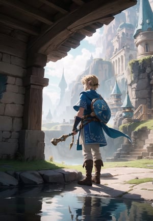 ((Masterpiece in maximum 4K resolution, with a style inspired by the epic universe of Zelda Tears of the Kingdom, fusing elements of adventure and fantasy.)) | In a magical kingdom shrouded in tears, the legendary hero, Link, takes the lead role. The scene unfolds with Link in the center, with his back to the viewer, looking at a horizon full of challenges and mysteries. His greenish cloak flutters gently in the wind, while the Triforce glows in his hand. | The composition highlights the immensity of the kingdom, with Link occupying the center of the image. The angle, subtly tilted, adds an aura of mystery and expectation to the scene. | Dramatic lighting highlights Link's profile and the surrounding landscape, creating a contrast between light and shadow that highlights the game's epic atmosphere. Effects such as motion blur and reflected light add dynamism to the image. | Link, the hero back in "Zelda Tears of the Kingdom", with his back to the viewer, facing a magical kingdom full of challenges and secrets. | {The camera is positioned very close to him, revealing his entire figure as he assumes a dynamic pose, interacting with and leaning against a structure in the scene in an exciting way.} | He takes a dynamic pose, boldly leaning on a structure, his cloak flowing in the wind, creating an engaging and mysterious atmosphere, | ((More Detail, ultra_detailed, Enhance)),