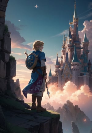 ((Masterpiece in maximum 4K resolution, with a style inspired by the epic universe of Zelda Tears of the Kingdom, fusing elements of adventure and fantasy.)) | In a magical kingdom shrouded in tears, the legendary hero, Link, takes the lead role. The scene unfolds with Link in the center, with his back to the viewer, looking at a horizon full of challenges and mysteries. His greenish cloak flutters gently in the wind, while the Triforce glows in his hand. | The composition highlights the immensity of the kingdom, with Link occupying the center of the image. The angle, subtly tilted, adds an aura of mystery and expectation to the scene. | Dramatic lighting highlights Link's profile and the surrounding landscape, creating a contrast between light and shadow that highlights the game's epic atmosphere. Effects such as motion blur and reflected light add dynamism to the image. | Link, the hero back in "Zelda Tears of the Kingdom", with his back to the viewer, facing a magical kingdom full of challenges and secrets. | {The camera is positioned very close to him, revealing his entire figure as he assumes a dynamic pose, interacting with and leaning against a structure in the scene in an exciting way.} | He takes a dynamic pose, boldly leaning on a structure, his cloak flowing in the wind, creating an engaging and mysterious atmosphere, | ((More Detail, ultra_detailed, Enhance)),