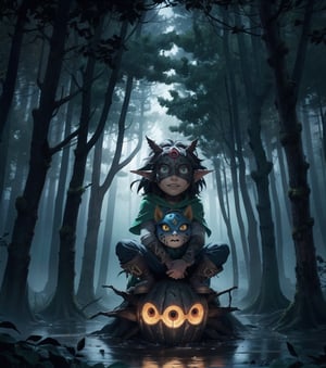 (Masterpiece in maximum 16K resolution, illustration style inspired by The Legend of Zelda Majora's Mask, with touches of horror and macabre.)) | Link is in the macabre forest, wearing Majora's Mask on a night of heavy rain. He is dressed in his signature green tunic, but the mask gives him a sinister and frightening appearance. | The forest is dense and dark, with gnarled trees and rotting leaves scattered across the ground. Heavy rain creates a gloomy and oppressive atmosphere, while lightning lights up the sky every now and then. | The composition of the scene is dynamic, with camera angles that emphasize the feeling of fear and despair. Link is in a defensive pose, holding his sword and shield, while looking around with expressionless eyes. | The lighting effect is dark, with cold lights and deep shadows that create a dramatic contrast and enhance the horror atmosphere. | Link using Majora's Mask in a macabre forest at night, raining heavily. | {The camera is positioned very close to him, revealing his entire body as he assumes an exciting pose, interacting with and leaning against a structure in the scene in an exciting way.} | He takes a (((exciting pose as he interacts, boldly leaning on a structure, leaning back in an exciting way))), (((((full-body_image))))), ((perfect_pose, perfect_anatomy, perfect_body)), ((perfect_finger, perfect_fingers, perfect_hand, perfect_hands, better_hands)1.0), ((More Detail, ultra_detailed, Enhance)).,