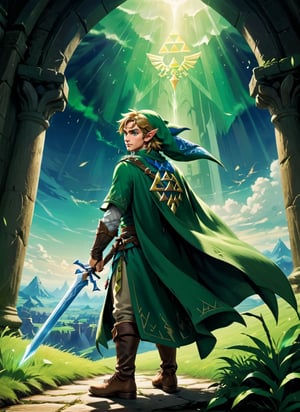 ((Masterpiece in maximum 4K resolution, with a style inspired by the epic universe of Zelda Tears of the Kingdom, fusing elements of adventure and fantasy.)) | In a magical kingdom shrouded in tears, the legendary hero, Link, takes the lead role. The scene unfolds with Link in the center, with his back to the viewer, looking at a horizon full of challenges and mysteries. His greenish cloak flutters gently in the wind, while the Triforce glows in his hand. | The composition highlights the immensity of the kingdom, with Link occupying the center of the image. The angle, subtly tilted, adds an aura of mystery and expectation to the scene. | Dramatic lighting highlights Link's profile and the surrounding landscape, creating a contrast between light and shadow that highlights the game's epic atmosphere. Effects such as motion blur and reflected light add dynamism to the image. | Link, the hero back in "Zelda Tears of the Kingdom", with his back to the viewer, facing a magical kingdom full of challenges and secrets. | {The camera is positioned very close to him, revealing his entire figure as he assumes a dynamic pose, interacting with and leaning against a structure in the scene in an exciting way.} | He takes a dynamic pose, boldly leaning on a structure, his cloak flowing in the wind, creating an engaging and mysterious atmosphere, | ((More Detail, ultra_detailed, Enhance)),