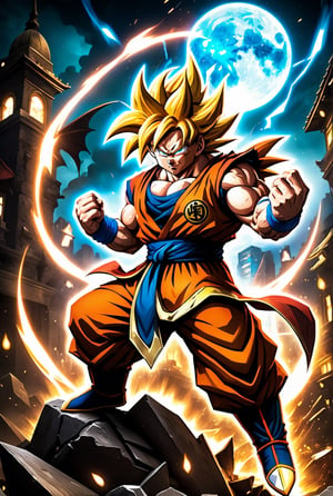 ((Masterpiece in 4K resolution, style inspired by Hearthstone card design and the Dragon Ball universe, featuring Goku transformed into a Super Saiyan with a background of a destroyed city at night)). | Trading card depicting Goku in his Super Saiyan form, with bristling golden hair and intense eyes, as he prepares to launch a powerful attack. Rays of energy and a glowing aura surround the character, enhancing his power. | The background of the card features a nighttime scene of a destroyed city, with damaged buildings, scattered debris and smoke, while the dark sky is illuminated by the moon and the energies of battle. The icons and details typical of Hearthstone cards are present, harmonizing the overall design. | Dynamic composition with Goku in the center, highlighting his aggressive pose and the sensation of movement. | Dramatic lighting, with cold tones and strong contrasts, deep shadows and light effects that highlight the character's powerful appearance and the chaotic environment of the destroyed city. | Hearthstone Card of Goku transformed into a Super Saiyan, ready for battle in the background of a city devastated by night. | ((perfect_design, perfect_composition, perfect_layout)), ((perfect_detail, perfect_texture)), ((perfect_composition, perfect_design, perfect_layout, perfect_detail, ultra_detailed)), (((enhance_details, correct_imperfections))), More Detail, Enhance