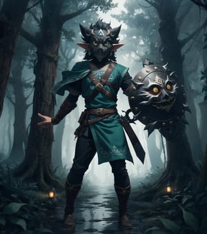 (Masterpiece in maximum 16K resolution, illustration style inspired by The Legend of Zelda Majora's Mask, with touches of horror and macabre.):1.5) | Link is in the macabre forest, wearing Majora's Mask on a night of heavy rain. He is dressed in his signature green tunic, but the mask gives him a sinister and frightening appearance. | The forest is dense and dark, with gnarled trees and rotting leaves scattered across the ground. Heavy rain creates a gloomy and oppressive atmosphere, while lightning lights up the sky every now and then. | The composition of the scene is dynamic, with camera angles that emphasize the feeling of fear and despair. Link is in a defensive pose, holding his sword and shield, while looking around with expressionless eyes. | The lighting effect is dark, with cold lights and deep shadows that create a dramatic contrast and enhance the horror atmosphere. | Link using Majora's Mask in a macabre forest at night, raining heavily. | {The camera is positioned very close to him, revealing his entire body as he assumes an exciting pose, interacting with and leaning against a structure in the scene in an exciting way.} | He takes a (((exciting pose as he interacts, boldly leaning on a structure, leaning back in an exciting way))), (((((full-body_image))))), ((perfect_pose, perfect_anatomy, perfect_body)), ((perfect_finger, perfect_fingers, perfect_hand, perfect_hands, better_hands)1.0), ((More Detail, ultra_detailed, Enhance))., Toon_Link_Zelda
