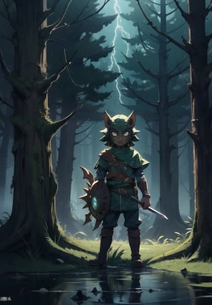 (Masterpiece in maximum 16K resolution, illustration style inspired by The Legend of Zelda Majora's Mask, with touches of horror and macabre.)) | Link is in the macabre forest, wearing Majora's Mask on a night of heavy rain. He is dressed in his signature green tunic, but the mask gives him a sinister and frightening appearance. | The forest is dense and dark, with gnarled trees and rotting leaves scattered across the ground. Heavy rain creates a gloomy and oppressive atmosphere, while lightning lights up the sky every now and then. | The composition of the scene is dynamic, with camera angles that emphasize the feeling of fear and despair. Link is in a defensive pose, holding his sword and shield, while looking around with expressionless eyes. | The lighting effect is dark, with cold lights and deep shadows that create a dramatic contrast and enhance the horror atmosphere. | Link using Majora's Mask in a macabre forest at night, raining heavily. | {The camera is positioned very close to him, revealing his entire body as he assumes an exciting pose, interacting with and leaning against a structure in the scene in an exciting way.} | He takes a (((exciting pose as he interacts, boldly leaning on a structure, leaning back in an exciting way))), (((((full-body_image))))), ((perfect_pose, perfect_anatomy, perfect_body)), ((perfect_finger, perfect_fingers, perfect_hand, perfect_hands, better_hands)1.0), ((More Detail, ultra_detailed, Enhance)).