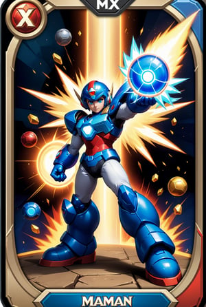 ((Masterpiece in 4K resolution, style inspired by Hearthstone card back design and the Mega Man X universe, with custom border and in-game items, optimized for the dimensions of the vertical card back image)). | Vertical trading card back representing the Mega Man The design features Mega Man X in an iconic pose, surrounded by iconic weapons such as the X-Buster and other signature elements from the games. | The background of the card back features a subtle metallic texture and light effects that resemble the environment of the Mega Man . | Balanced and symmetrical composition, with Mega Man X as the focal point, adjusted according to the proportions of the image on the back of the vertical card and integrating the customized border with game items. | Vibrant lighting and strong contrasts, with light and shadow effects that enhance the metallic appearance and design details, while maintaining legibility and visual impact across vertical letter dimensions. | Hearthstone card back inspired by the Mega Man X universe, with custom border and in-game items, carefully sized to the dimensions of the image on the vertical card back. | ((perfect_design, perfect_composition, perfect_layout)), ((perfect_detail, perfect_texture)), ((perfect_composition, perfect_design, perfect_layout, perfect_detail, ultra_detailed)), (((enhance_details, correct_imperfections))), More Detail, Enhance