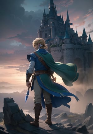 ((Masterpiece in maximum 4K resolution, with a style inspired by the epic universe of Zelda Tears of the Kingdom, fusing elements of adventure and fantasy.)) | In a magical kingdom shrouded in tears, the legendary hero, Link, takes the lead role. The scene unfolds with Link in the center, with his back to the viewer, looking at a horizon full of challenges and mysteries. His greenish cloak flutters gently in the wind, while the Triforce glows in his hand. | The composition highlights the immensity of the kingdom, with Link occupying the center of the image. The angle, subtly tilted, adds an aura of mystery and expectation to the scene. | Dramatic lighting highlights Link's profile and the surrounding landscape, creating a contrast between light and shadow that highlights the game's epic atmosphere. Effects such as motion blur and reflected light add dynamism to the image. | Link, the hero back in "Zelda Tears of the Kingdom", with his back to the viewer, facing a magical kingdom full of challenges and secrets. | {The camera is positioned very close to him, revealing his entire figure as he assumes a dynamic pose, interacting with and leaning against a structure in the scene in an exciting way.} | He takes a dynamic pose, boldly leaning on a structure, his cloak flowing in the wind, creating an engaging and mysterious atmosphere, | ((More Detail, ultra_detailed, Enhance)),