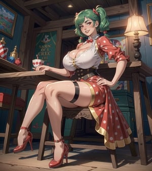 ((Masterpiece in 8K resolution, realistic style with touches of oil painting and glamorous illustration.)) | Inside a classic circus, Karla, a 22-year-old woman with stunning appearance and huge breasts, wears a white clown outfit with red polka dots, a red accordion skirt and red clown shoes with long toes. Hers (hers (short green hair is arranged in two pigtails)), while hers ((red eyes)) capture attention with a ((seductive gaze)) and a ((depraved smile)) that reveals her teeth. | The environment is made up of wooden and metal structures, with a riding arena in the center, tents and flags decorating the scene. | The scene is framed at a three-quarter angle, highlighting Karla's figure and the depth of the circus space. | Soft, warm lighting creates long shadows and highlights in the details of Karla's clothing and hair, while slightly blurred lens effects add a dreamlike feel to the image. | ((Karla, the charming clown with an attractive look and a seductive smile in the magic circus.)) | {The camera is positioned very close to her, revealing her entire body as she assumes a sensual pose, interacting with and leaning against a structure in the scene in an exciting way.} | She takes a (((sensual pose as she interacts, boldly leaning on a structure, leaning back in an exciting way))), (((((full-body_image))))), ((perfect_pose, perfect_anatomy, perfect_body)), ((perfect_finger, perfect_fingers, perfect_hand, perfect_hands, better_hands)), ((More Detail, ultra_detailed, Enhance))