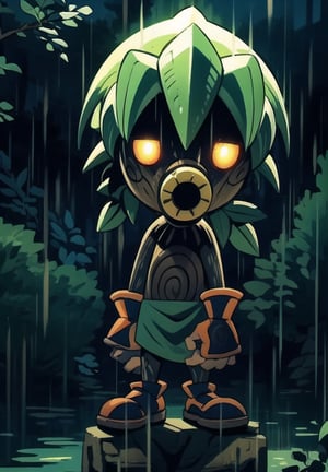 (Masterpiece in maximum 16K resolution, illustration style inspired by The Legend of Zelda Majora's Mask, with touches of horror and macabre.)) | Link is in the macabre forest, wearing Majora's Mask on a night of heavy rain. He is dressed in his signature green tunic, but the mask gives him a sinister and frightening appearance. | The forest is dense and dark, with gnarled trees and rotting leaves scattered across the ground. Heavy rain creates a gloomy and oppressive atmosphere, while lightning lights up the sky every now and then. | The composition of the scene is dynamic, with camera angles that emphasize the feeling of fear and despair. Link is in a defensive pose, holding his sword and shield, while looking around with expressionless eyes. | The lighting effect is dark, with cold lights and deep shadows that create a dramatic contrast and enhance the horror atmosphere. | Link using Majora's Mask in a macabre forest at night, raining heavily. | {The camera is positioned very close to him, revealing his entire body as he assumes an exciting pose, interacting with and leaning against a structure in the scene in an exciting way.} | He takes a (((exciting pose as he interacts, boldly leaning on a structure, leaning back in an exciting way))), (((((full-body_image))))), ((perfect_pose, perfect_anatomy, perfect_body)), ((perfect_finger, perfect_fingers, perfect_hand, perfect_hands, better_hands)1.0), ((More Detail, ultra_detailed, Enhance)).