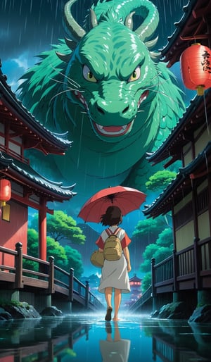 ((Movie poster in 4K resolution, style inspired by Studio Ghibli, focusing on vibrant colors, delicate details and magical atmosphere)). | A stunning poster for "Spirited Away", featuring the young protagonist Chihiro and the dragon Haku in a night scene with heavy rain. Chihiro is staring into the distance with determination, while Haku hovers protectively above her in dragon form. | The setting is a traditional Japanese public bath, with thatched roofs, wooden walls and paper lanterns, now wet from heavy rain. The iconic red bridge stands out in the background. | The composition follows the rule of thirds, with Chihiro and Haku positioned at the points of intersection. The "Spirited Away" movie logo is positioned at the top, with the 4K icon in the bottom right corner. | Dramatic lighting effects and water reflections enhance the beauty of the night and rainy scene. | An emotional poster for "Spirited Away", featuring Chihiro and the dragon Haku on a night of torrential rain. | ((perfect_composition, perfect_design, perfect_layout, perfect_detail, ultra_detailed, enhance_details, correct_imperfections)), ((More Detail, Enhance)), Enhanced All,ghibli,Enhanced All