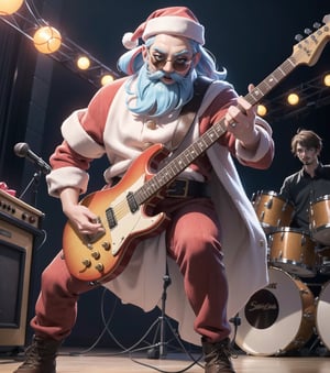 ((Masterpiece in maximum 16K resolution, realistic and colorful illustration style, with touches of fantasy and magic.)) | Santa Claus is on stage at a rock concert, playing a red and white electric guitar, dressed in his traditional red and white costume, with black boots and a black leather belt. His white hair and beard are down, and he wears sunglasses. | The stage is full of sound equipment and colorful lights, with amplifiers, speakers, and a drum set behind it. The crowd is excited, screaming and cheering, while Santa Claus unleashes incredible riffs and guitar solos. | The composition of the scene is dynamic, with camera angles that emphasize the energy of the show and Santa Claus' imposing presence on stage. | The lighting effect is vibrant, with colorful lights that illuminate the stage and create a magical and festive atmosphere. | Santa Claus playing guitar at a rock concert. | {The camera is positioned very close to him, revealing his entire body as he assumes a dynamic pose, interacting with and leaning against a structure in the scene in an exciting way.} | He takes a (((dynamic pose as he interacts, boldly leaning on a structure, leaning back in an exciting way))), (((((full-body_image))))), ((perfect_pose, perfect_anatomy, perfect_body)), ((perfect_finger, perfect_fingers, perfect_hand, perfect_hands, better_hands)1.0), ((More Detail, ultra_detailed, Enhance)).