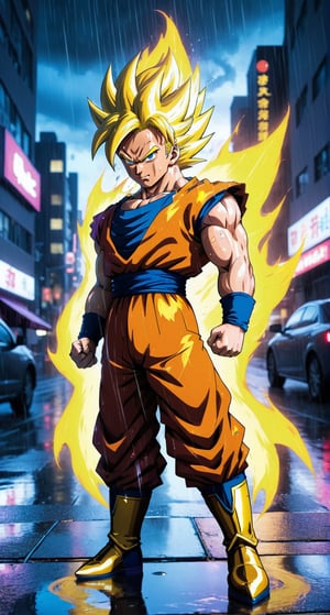 Masterpiece in UHD resolution, action anime style with a focus on lighting and movement effects, inspired by the works of Akira Toriyama and Toyotaro. | Goku transformed into Super Saiyan 3, with long hair and a fiery golden aura, is in the middle of a city at night during a heavy rain. His eyes are filled with fury and determination, while his body radiates incredibly powerful ki. | The city is lit by neon lights in blue and purple, creating reflections on the damp buildings and puddles of water in the street. The camera angle is slightly tilted, enhancing the dramatic intensity of the scene. | The composition of the image follows the rule of thirds, with Goku positioned at the point of intersection of the lines. | Dramatic lighting effects and dynamic ki movement create a stunning contrast between the heavy rain and Goku's fiery energy. | Goku in his Super Saiyan 3 form, furious and radiating ki in the middle of a city at night during heavy rain. | ((perfect_composition, perfect_design, perfect_layout, perfect_detail, ultra_detailed, enhance_details, correct_imperfections)), ((More Detail, Enhance)),vegeta,gohan