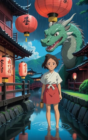 ((Movie poster in 4K resolution, style inspired by Studio Ghibli, focusing on vibrant colors, delicate details and magical atmosphere)). | A stunning poster for "Spirited Away", featuring the young protagonist Chihiro and the dragon Haku in a night scene with heavy rain. Chihiro is staring into the distance with determination, while Haku hovers protectively above her in dragon form. | The setting is a traditional Japanese public bath, with thatched roofs, wooden walls and paper lanterns, now wet from heavy rain. The iconic red bridge stands out in the background. | The composition follows the rule of thirds, with Chihiro and Haku positioned at the points of intersection. The "Spirited Away" movie logo is positioned at the top, with the 4K icon in the bottom right corner. | Dramatic lighting effects and water reflections enhance the beauty of the night and rainy scene. | An emotional poster for "Spirited Away", featuring Chihiro and the dragon Haku on a night of torrential rain. | ((perfect_composition, perfect_design, perfect_layout, perfect_detail, ultra_detailed, enhance_details, correct_imperfections)), ((More Detail, Enhance)), Enhanced All,ghibli,Enhanced All