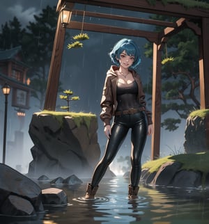 An ultra-detailed 4K masterpiece, combining fantasy and adventure styles, rendered in high resolution with sharp details. | A 23-year-old adventurer, dressed in a brown leather suit, explores a mysterious water temple during a night of torrential rain. Her outfit consists of a hooded jacket, tight pants, high boots, and a belt with multiple compartments to store her belongings. Her short, unkempt ((blue hair)) is wet from the rain, giving her a wild, disheveled look. Her ((red eyes)) shine with determination and curiosity, while ((she looks and smiles at the viewer, showing her white teeth)). | The image highlights the adventurer's athletic figure and the humid and gloomy environment of the water temple. The temple's ancient, rocky structures are covered in mosses and algae, suggesting that it has been submerged for a long time. Heavy rain hits the surrounding rocks, creating an immersive and realistic sound effect. The dim and mysterious lighting is created by some spotlights installed on the walls, highlighting the rough textures of the rocks and creating dramatic shadows. | Dark, cinematic lighting effects create a tense and exciting atmosphere, while detailed textures on the rocks, moss and leather suit add realism to the image. | A thrilling and suspenseful scene of a young adventurer exploring a mysterious water temple during a night of torrential rain, combining the styles of fantasy and adventure. | (((The image reveals a full-body shot as the woman assumes a sensual pose, engagingly leaning against a structure within the scene in an exciting manner. She takes on a sensual pose as she interacts, boldly leaning on a structure, leaning back and boldly throwing herself onto the structure, reclining back in an exhilarating way.))). | ((((full-body shot)))), ((perfect pose)), ((perfect arms):1.2), ((perfect limbs, perfect fingers, better hands, perfect hands, hands)), ((perfect legs, perfect feet):1.2), ((perfect design)), ((perfect composition)), ((very detailed scene, very detailed background, perfect layout, correct imperfections)), ((Enhance, Ultra details)), ((better_hands)), ((More Detail)),poakl