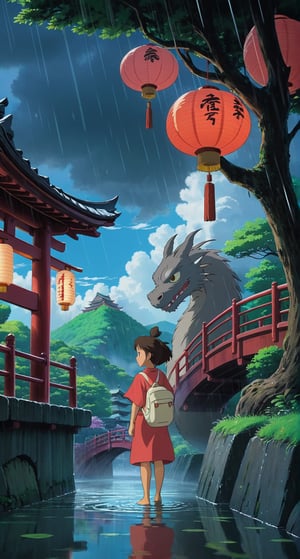 ((Movie poster in 4K resolution, style inspired by Studio Ghibli, focusing on vibrant colors, delicate details and magical atmosphere)). | A stunning poster for "Spirited Away", featuring the young protagonist Chihiro and the dragon Haku in a night scene with heavy rain. Chihiro is staring into the distance with determination, while Haku hovers protectively above her in dragon form. | The setting is a traditional Japanese public bath, with thatched roofs, wooden walls and paper lanterns, now wet from heavy rain. The iconic red bridge stands out in the background. | The composition follows the rule of thirds, with Chihiro and Haku positioned at the points of intersection. The "Spirited Away" movie logo is positioned at the top, with the 4K icon in the bottom right corner. | Dramatic lighting effects and water reflections enhance the beauty of the night and rainy scene. | An emotional poster for "Spirited Away", featuring Chihiro and the dragon Haku on a night of torrential rain. | ((perfect_composition, perfect_design, perfect_layout, perfect_detail, ultra_detailed, enhance_details, correct_imperfections)), ((More Detail, Enhance)), Enhanced All,ghibli