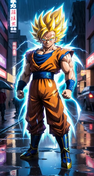 Masterpiece in UHD resolution, action anime style with a focus on lighting and movement effects, inspired by the works of Akira Toriyama and Toyotaro. | Goku transformed into Super Saiyan 3, with long hair and a fiery golden aura, is in the middle of a city at night during a heavy rain. His eyes are filled with fury and determination, while his body radiates incredibly powerful ki. | The city is lit by neon lights in blue and purple, creating reflections on the damp buildings and puddles of water in the street. The camera angle is slightly tilted, enhancing the dramatic intensity of the scene. | The composition of the image follows the rule of thirds, with Goku positioned at the point of intersection of the lines. | Dramatic lighting effects and dynamic ki movement create a stunning contrast between the heavy rain and Goku's fiery energy. | Goku in his Super Saiyan 3 form, furious and radiating ki in the middle of a city at night during heavy rain. | ((perfect_composition, perfect_design, perfect_layout, perfect_detail, ultra_detailed, enhance_details, correct_imperfections)), ((More Detail, Enhance)),vegeta,gohan