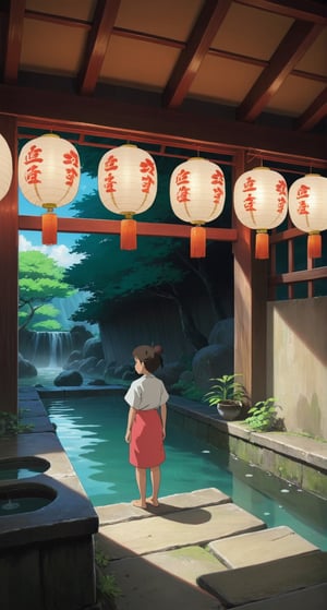 Masterpiece in UHD resolution, style inspired by Studio Ghibli, with a focus on vibrant colors and delicate details. | An enchanting scene from Spirited Away, showing the young protagonist Chihiro amid a supernatural world full of spirits and magical creatures. She is determined and curious as she explores the mysterious public bath and encounters the supernatural beings that dwell there. | The setting is rich in traditional Japanese architectural details, with thatched roofs, wooden walls and paper lanterns illuminating the space. The warm and welcoming lighting contrasts with the dark and mysterious areas of the public bath. | The composition of the image follows the rule of thirds, with Chihiro positioned at the point of intersection of the lines, while supernatural creatures and environmental details fill the other spaces. | Soft lighting effects and delicate textures create a magical and enchanting atmosphere. | Spirited Away: A young girl on a magical journey through a supernatural world full of spirits and mystical creatures. | ((perfect_composition, perfect_design, perfect_layout, perfect_detail, ultra_detailed, enhance_details, correct_imperfections)), ((More Detail, Enhance)), Enhanced All