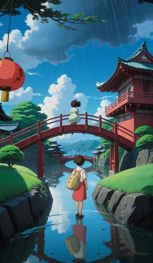 ((Movie poster in 4K resolution, style inspired by Studio Ghibli, focusing on vibrant colors, delicate details and magical atmosphere)). | A stunning poster for "Spirited Away", featuring the young protagonist Chihiro and the dragon Haku in a night scene with heavy rain. Chihiro is staring into the distance with determination, while Haku hovers protectively above her in dragon form. | The setting is a traditional Japanese public bath, with thatched roofs, wooden walls and paper lanterns, now wet from heavy rain. The iconic red bridge stands out in the background. | The composition follows the rule of thirds, with Chihiro and Haku positioned at the points of intersection. The "Spirited Away" movie logo is positioned at the top, with the 4K icon in the bottom right corner. | Dramatic lighting effects and water reflections enhance the beauty of the night and rainy scene. | An emotional poster for "Spirited Away", featuring Chihiro and the dragon Haku on a night of torrential rain. | ((perfect_composition, perfect_design, perfect_layout, perfect_detail, ultra_detailed, enhance_details, correct_imperfections)), ((More Detail, Enhance)), Enhanced All,ghibli