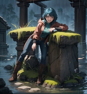 An ultra-detailed 4K masterpiece, combining fantasy and adventure styles, rendered in high resolution with sharp details. | A 23-year-old adventurer, dressed in a brown leather suit, explores a mysterious water temple during a night of torrential rain. Her outfit consists of a hooded jacket, tight pants, high boots, and a belt with multiple compartments to store her belongings. Her short, unkempt ((blue hair)) is wet from the rain, giving her a wild, disheveled look. Her ((red eyes)) shine with determination and curiosity, while ((she looks and smiles at the viewer, showing her white teeth)). | The image highlights the adventurer's athletic figure and the humid and gloomy environment of the water temple. The temple's ancient, rocky structures are covered in mosses and algae, suggesting that it has been submerged for a long time. Heavy rain hits the surrounding rocks, creating an immersive and realistic sound effect. The dim and mysterious lighting is created by some spotlights installed on the walls, highlighting the rough textures of the rocks and creating dramatic shadows. | Dark, cinematic lighting effects create a tense and exciting atmosphere, while detailed textures on the rocks, moss and leather suit add realism to the image. | A thrilling and suspenseful scene of a young adventurer exploring a mysterious water temple during a night of torrential rain, combining the styles of fantasy and adventure. | (((The image reveals a full-body shot as the woman assumes a sensual pose, engagingly leaning against a structure within the scene in an exciting manner. She takes on a sensual pose as she interacts, boldly leaning on a structure, leaning back and boldly throwing herself onto the structure, reclining back in an exhilarating way.))). | ((((full-body shot)))), ((perfect pose)), ((perfect arms):1.2), ((perfect limbs, perfect fingers, better hands, perfect hands, hands)), ((perfect legs, perfect feet):1.2), ((perfect design)), ((perfect composition)), ((very detailed scene, very detailed background, perfect layout, correct imperfections)), ((Enhance, Ultra details)), ((better_hands)), ((More Detail)),