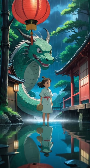 ((Movie poster in 4K resolution, style inspired by Studio Ghibli, focusing on vibrant colors, delicate details and magical atmosphere)). | A stunning poster for "Spirited Away", featuring the young protagonist Chihiro and the dragon Haku in a night scene with heavy rain. Chihiro is staring into the distance with determination, while Haku hovers protectively above her in dragon form. | The setting is a traditional Japanese public bath, with thatched roofs, wooden walls and paper lanterns, now wet from heavy rain. The iconic red bridge stands out in the background. | The composition follows the rule of thirds, with Chihiro and Haku positioned at the points of intersection. The "Spirited Away" movie logo is positioned at the top, with the 4K icon in the bottom right corner. | Dramatic lighting effects and water reflections enhance the beauty of the night and rainy scene. | An emotional poster for "Spirited Away", featuring Chihiro and the dragon Haku on a night of torrential rain. | ((perfect_composition, perfect_design, perfect_layout, perfect_detail, ultra_detailed, enhance_details, correct_imperfections)), ((More Detail, Enhance)), Enhanced All