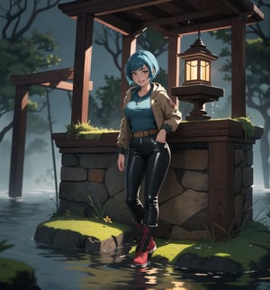 An ultra-detailed 4K masterpiece, combining fantasy and adventure styles, rendered in high resolution with sharp details. | A 23-year-old adventurer, dressed in a brown leather suit, explores a mysterious water temple during a night of torrential rain. Her outfit consists of a hooded jacket, tight pants, high boots, and a belt with multiple compartments to store her belongings. Her short, unkempt ((blue hair)) is wet from the rain, giving her a wild, disheveled look. Her ((red eyes)) shine with determination and curiosity, while ((she looks and smiles at the viewer, showing her white teeth)). | The image highlights the adventurer's athletic figure and the humid and gloomy environment of the water temple. The temple's ancient, rocky structures are covered in mosses and algae, suggesting that it has been submerged for a long time. Heavy rain hits the surrounding rocks, creating an immersive and realistic sound effect. The dim and mysterious lighting is created by some spotlights installed on the walls, highlighting the rough textures of the rocks and creating dramatic shadows. | Dark, cinematic lighting effects create a tense and exciting atmosphere, while detailed textures on the rocks, moss and leather suit add realism to the image. | A thrilling and suspenseful scene of a young adventurer exploring a mysterious water temple during a night of torrential rain, combining the styles of fantasy and adventure. | (((The image reveals a full-body shot as the woman assumes a sensual pose, engagingly leaning against a structure within the scene in an exciting manner. She takes on a sensual pose as she interacts, boldly leaning on a structure, leaning back and boldly throwing herself onto the structure, reclining back in an exhilarating way.))). | ((((full-body shot)))), ((perfect pose)), ((perfect arms):1.2), ((perfect limbs, perfect fingers, better hands, perfect hands, hands)), ((perfect legs, perfect feet):1.2), ((perfect design)), ((perfect composition)), ((very detailed scene, very detailed background, perfect layout, correct imperfections)), ((Enhance, Ultra details)), ((better_hands)), ((More Detail)),poakl