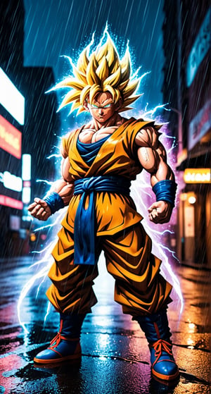Masterpiece in UHD resolution, action anime style with a focus on lighting and movement effects, inspired by the works of Akira Toriyama and Toyotaro. | Goku transformed into Super Saiyan 3, with long hair and a fiery golden aura, is in the middle of a city at night during a heavy rain. His eyes are filled with fury and determination, while his body radiates incredibly powerful ki. | The city is lit by neon lights in blue and purple, creating reflections on the damp buildings and puddles of water in the street. The camera angle is slightly tilted, enhancing the dramatic intensity of the scene. | The composition of the image follows the rule of thirds, with Goku positioned at the point of intersection of the lines. | Dramatic lighting effects and dynamic ki movement create a stunning contrast between the heavy rain and Goku's fiery energy. | Goku in his Super Saiyan 3 form, furious and radiating ki in the middle of a city at night during heavy rain. | ((perfect_composition, perfect_design, perfect_layout, perfect_detail, ultra_detailed, enhance_details, correct_imperfections)), ((More Detail, Enhance)),