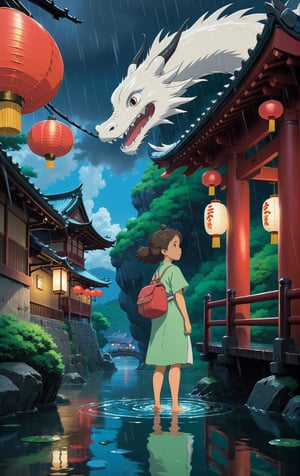 ((Movie poster in 4K resolution, style inspired by Studio Ghibli, focusing on vibrant colors, delicate details and magical atmosphere)). | A stunning poster for "Spirited Away", featuring the young protagonist Chihiro and the dragon Haku in a night scene with heavy rain. Chihiro is staring into the distance with determination, while Haku hovers protectively above her in dragon form. | The setting is a traditional Japanese public bath, with thatched roofs, wooden walls and paper lanterns, now wet from heavy rain. The iconic red bridge stands out in the background. | The composition follows the rule of thirds, with Chihiro and Haku positioned at the points of intersection. The "Spirited Away" movie logo is positioned at the top, with the 4K icon in the bottom right corner. | Dramatic lighting effects and water reflections enhance the beauty of the night and rainy scene. | An emotional poster for "Spirited Away", featuring Chihiro and the dragon Haku on a night of torrential rain. | ((perfect_composition, perfect_design, perfect_layout, perfect_detail, ultra_detailed, enhance_details, correct_imperfections)), ((More Detail, Enhance)), Enhanced All,ghibli,Enhanced All