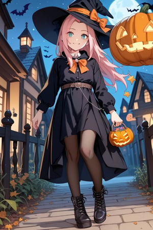 Score_9_up, score_8_up, score_7_up, source_anime, Expressiveh, perfect eyes, 1girl, solo, 1girl, haruno sakura, pink hair, long hair, green eyes, slim body,Small breasts,


witch hat, halloween, full body, looking at viewer, smile, halloween costume, dress, jack-o'-lantern, pumpkin, black headwear, black dress, boots, black pantyhose,Halloween Night,sweets,yellow stars,thighs,detailed black stockings,short skirt