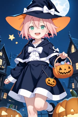 score_9,score_8_up,score_7_up,source anime,very detailed illustration, 1girl,haruno sakura, pink hair, short hair, green eyes



(hair between eyes),(witch hat),(white bow))),dress,(white shirt),(blue skirt),(white socks),(black footwear),(mary janes),(black capelet),(standing),(halloween),(halloween bucket),(halloween costume),(happy halloween), moon,star,(holding pumpkin),(candy cane),(jack-o'-lantern),night