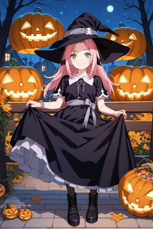 Score_9_up, score_8_up, score_7_up, source_anime, Expressiveh, perfect eyes, 1girl, solo, 1girl, haruno sakura, pink hair, long hair, green eyes, slim body,Small breasts,

, realistic shadows,marked shadows,

witch hat, halloween, full body, looking at viewer, smile, halloween costume, dress, jack-o'-lantern, pumpkin, black headwear, black dress, boots, black pantyhose,Halloween Night,sweets,yellow stars,