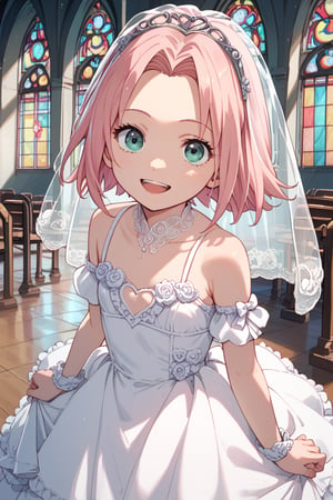 score_9,score_8_up,score_7_up,source anime,very detailed illustration, 1girl,haruno sakura, pink hair, short hair, green eyes,little girl,loli,

wedding dress,looking at viewer,open mouth,smile,solo,winking,church