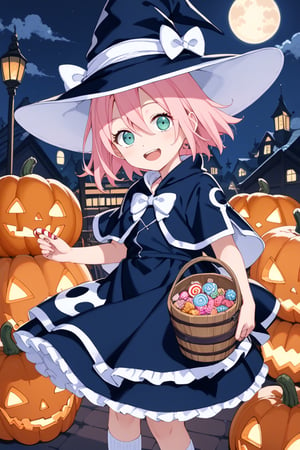 score_9,score_8_up,score_7_up,source anime,very detailed illustration, 1girl,haruno sakura, pink hair, short hair, green eyes



(hair between eyes),(witch hat),(white bow))),dress,(white shirt),(blue skirt),(white socks),(black footwear),(mary janes),(black capelet),(standing),(halloween),(halloween bucket),(halloween costume),(happy halloween), moon,star,(holding pumpkin),(candy cane),(jack-o'-lantern),night