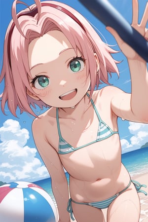 score_9,score_8_up,score_7_up,source anime,very detailed illustration, 1girl,haruno sakura, pink hair, short hair, green eyes,little girl,loli,flat_chest micro bikini,smile,antenna_hair,blush,collarbone,frilled_bikini,looking at viewer,navel,open mouth,pink_bikini,smile,solo,swimsuit,Beach,wet skin,wet bikini,winking