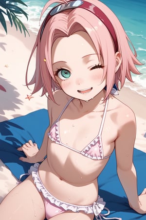 score_9,score_8_up,score_7_up,source anime,very detailed illustration, 1girl,haruno sakura, pink hair, short hair, green eyes,little girl,loli,flat_chest micro bikini,smile,antenna_hair,blush,collarbone,frilled_bikini,looking at viewer,navel,open mouth,pink_bikini,smile,solo,swimsuit,Beach,wet skin,wet bikini,winking