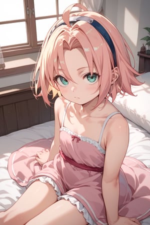 score_9,score_8_up,score_7_up,source anime,very detailed illustration, 1girl,haruno sakura, pink hair, short hair, green eyes,little girl,loli short hair,blonde hair,hair between eyes,sidelocks,ahoge,looking at viewer,indoor,bed,on bed,