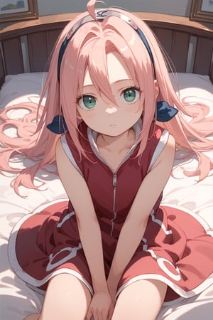 score_9,score_8_up,score_7_up,source anime,very detailed illustration, 1girl,haruno sakura, pink hair, long hair, green eyes,little girl,loli ,hair between eyes,sidelocks,ahoge,looking at viewer,indoor, bed,on bed,