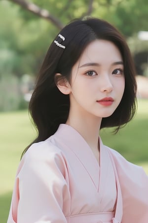 A 20-year-old Korean young lady in a traditional, elegant Hanbok, showcasing a more natural and realistic appearance. The Hanbok is in tasteful pastel colors, enhancing her subtle beauty. This image aims to capture a high level of realism, akin to a photograph taken with a Hasselblad camera. It includes fine details such as distinct pores on her forehead and cheeks, a small scar on her chin from a childhood accident, and a slightly asymmetrical mouth and eyes. The overall look should be a harmonious blend of cultural elegance and realistic, individual characteristics."