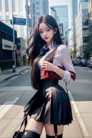 1 girl , solo, Hani, realistic, ((32K CG, UHD, Highly Detail)), (Intricate Detail:1.3), (Highest Quality:1.3), (Masterpiece:1.3), (Surreal:1.3), {beautiful and detailed eyes}, glossy lips, perfect body, lean body, long legs, Glamor body type, sexy pose, ((a girl wearing  school uniform)), on a busy street, happy smile, from_side