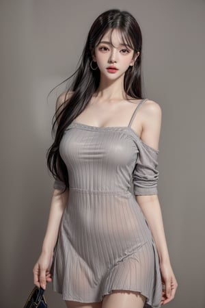 1 girl , solo, Hani, realistic, ((32K CG, UHD, Highly Detail)), (Intricate Detail:1.3), (Highest Quality:1.3), (Masterpiece:1.3), (Surreal:1.3), {beautiful and detailed eyes}, glossy lips, perfect body, lean body, long legs, Glamor body type, delicate facial features, ((a girl wearing grey cotton dress)), ear_rings