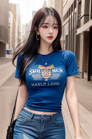 1 girl , solo, Hani, realistic, (HDR:1.4), {beautiful and detailed eyes}, glossy lips, perfect body, lean body, long legs, Glamor body type, delicate facial features, Sexy Pose, ((a girl wearing t-shirts and short jeans)), ear_rings, full_body