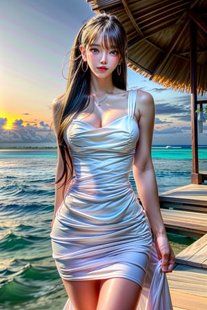 1 girl , solo, Donna, realistic, (HDR:1.4), {beautiful and detailed eyes}, glossy lips, perfect body, lean body, (narrow waist:1.3), long legs, Glamor body type, delicate facial features, Sexy Pose, ((a girl wearing white dress in maldives resort)), pony_tail, ear_rings