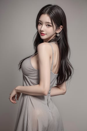 1 girl , solo, Hani, realistic, ((32K CG, UHD, Highly Detail)), (Intricate Detail:1.3), (Highest Quality:1.3), (Masterpiece:1.3), (Surreal:1.3), {beautiful and detailed eyes}, glossy lips, perfect body, lean body, long legs, Glamor body type, delicate facial features, ((a girl wearing grey cotton dress)), happy smile, ear_rings, full_body, from_behind