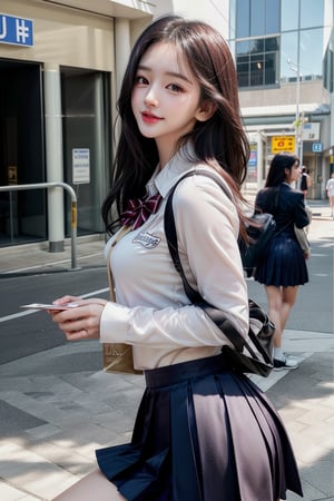 1 girl , solo, Hani, realistic, ((32K CG, UHD, Highly Detail)), (Intricate Detail:1.3), (Highest Quality:1.3), (Masterpiece:1.3), (Surreal:1.3), {beautiful and detailed eyes}, glossy lips, perfect body, lean body, long legs, Glamor body type, sexy pose, ((a girl wearing  school uniform)), on a busy street, happy smile, from_side