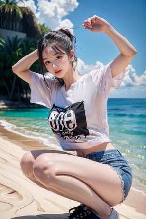 1 girl , solo, Hani, realistic, ((UHD, Highly Detail)), (Intricate Detail:1.3), (Highest Quality:1.3), (Masterpiece:1.3), (Surreal:1.3), {beautiful and detailed eyes}, glossy lips, perfect body, lean body, long legs, Glamor body type, sexy pose, ((a girl wearing oversized tshirts and shorts)), happy smile, ear_rings, on tropical beach in Maldives, from_side, squatting