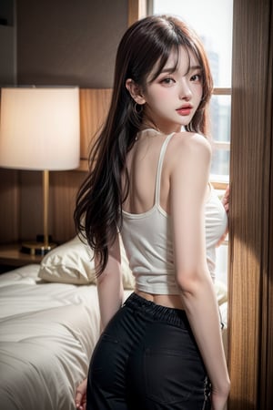 1 girl , solo, Hani, realistic, ((32K CG, UHD, Highly Detail)), (Intricate Detail:1.3), (Highest Quality:1.3), (Masterpiece:1.3), (Surreal:1.3), {beautiful and detailed eyes}, glossy lips, perfect body, lean body, long legs, Glamor body type, delicate facial features, ((a girl wearing fashionable tank top and baggy pants)), ear_rings, from_behind