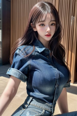 1 girl , solo, Hani, realistic, ((32K CG, UHD, Highly Detail)), (Intricate Detail:1.3), (Highest Quality:1.3), (Masterpiece:1.3), (Surreal:1.3), {beautiful and detailed eyes}, glossy lips, perfect body, lean body, long legs, Glamor body type, delicate facial features, ((a girl wearing denim shirts and short denim skirt)), ear_rings, from_side