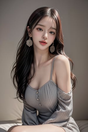 1 girl , solo, Hani, realistic, ((32K CG, UHD, Highly Detail)), (Intricate Detail:1.3), (Highest Quality:1.3), (Masterpiece:1.3), (Surreal:1.3), {beautiful and detailed eyes}, glossy lips, perfect body, lean body, long legs, Glamor body type, delicate facial features, ((a girl wearing grey cotton dress)), happy smile, ear_rings, full_body high heal
