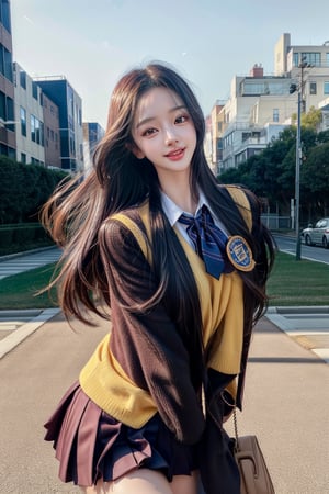 1 girl , solo, Hani, realistic, ((32K CG, UHD, Highly Detail)), (Intricate Detail:1.3), (Highest Quality:1.3), (Masterpiece:1.3), (Surreal:1.3), {beautiful and detailed eyes}, glossy lips, perfect body, lean body, long legs, Glamor body type, sexy pose, ((a girl wearing  school uniform)), on a busy street, happy smile, 