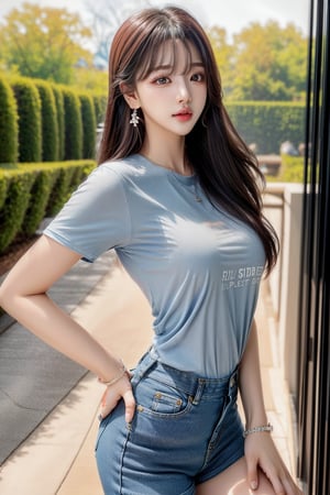 1 girl , solo, Hani, realistic, (HDR:1.4), {beautiful and detailed eyes}, glossy lips, perfect body, lean body, long legs, Glamor body type, delicate facial features, Sexy Pose, ((a girl wearing t-shirts and short jeans)), ear_rings, from_side