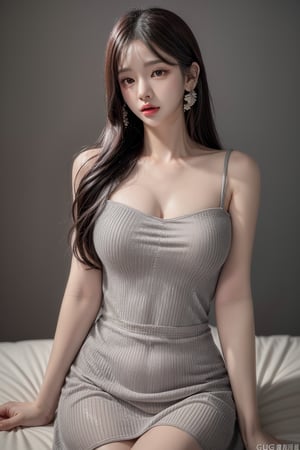 1 girl , solo, Hani, realistic, ((32K CG, UHD, Highly Detail)), (Intricate Detail:1.3), (Highest Quality:1.3), (Masterpiece:1.3), (Surreal:1.3), {beautiful and detailed eyes}, glossy lips, perfect body, lean body, long legs, Glamor body type, delicate facial features, ((a girl wearing grey cotton dress)), ear_rings