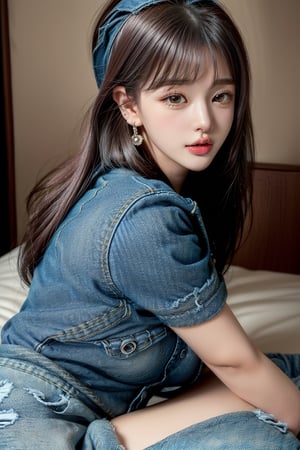 1 girl , solo, Hani, realistic, ((32K CG, UHD, Highly Detail)), (Intricate Detail:1.3), (Highest Quality:1.3), (Masterpiece:1.3), (Surreal:1.3), {beautiful and detailed eyes}, glossy lips, perfect body, lean body, long legs, Glamor body type, delicate facial features, ((a girl wearing denim shirts and short denim skirt)), ear_rings, from_side
